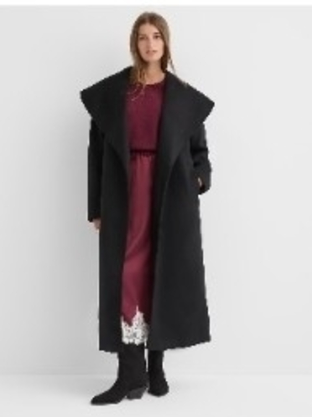 LOFT Black Long Trench Coat with Oversized Collar